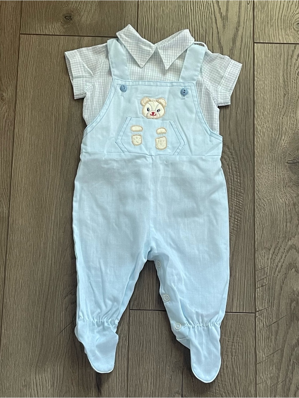 Vintage Baby Togs Bear Pocket Embroidered 0-3m Footie Overalls Set